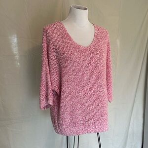 Chico's Pink V-Neck Sweater textured knit top pink & white size 2 large batwing